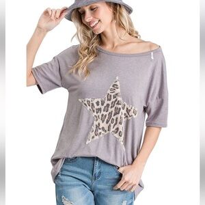 Hopely Leopard Star Patch Oversized Shirt Women’s Sz-M. Dolman Sleeves. EUC